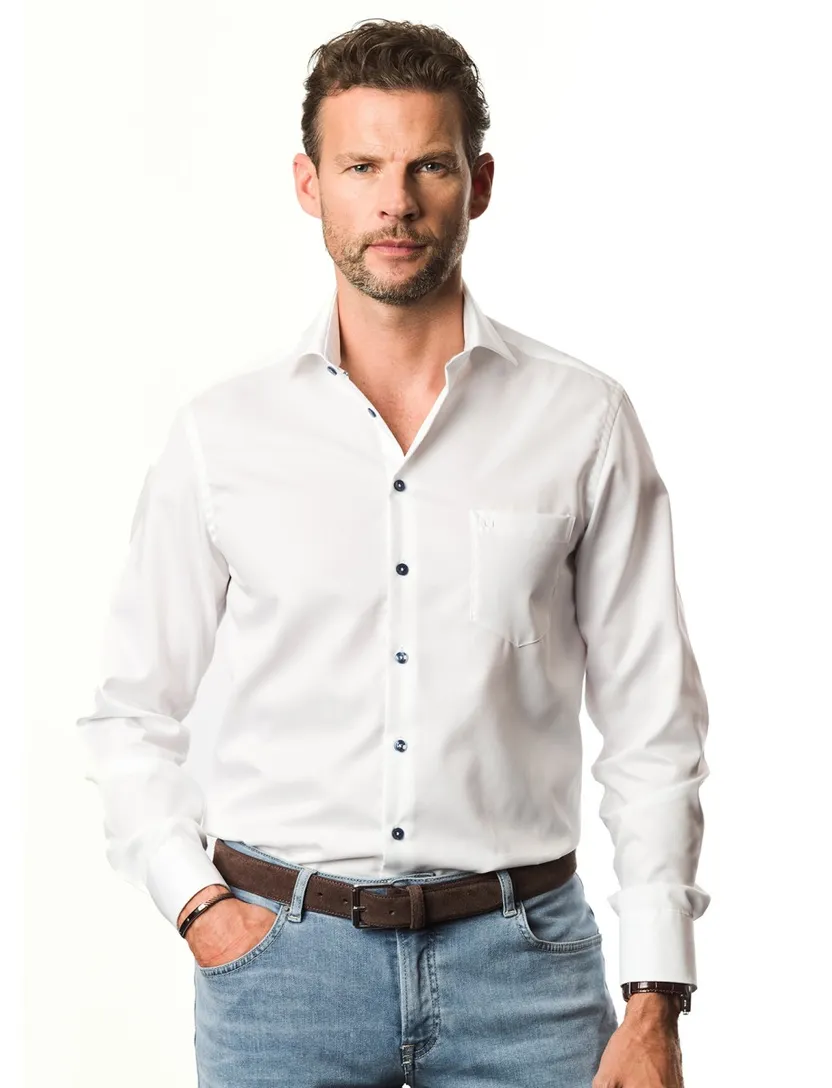 Overhemd blauw knoopjes wit ledub modern fit strijkvrij