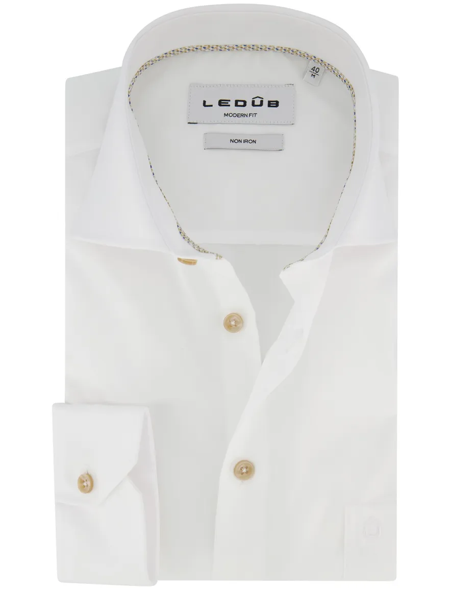 Ledub modern fit wit overhemd strijkvrij met borstzak