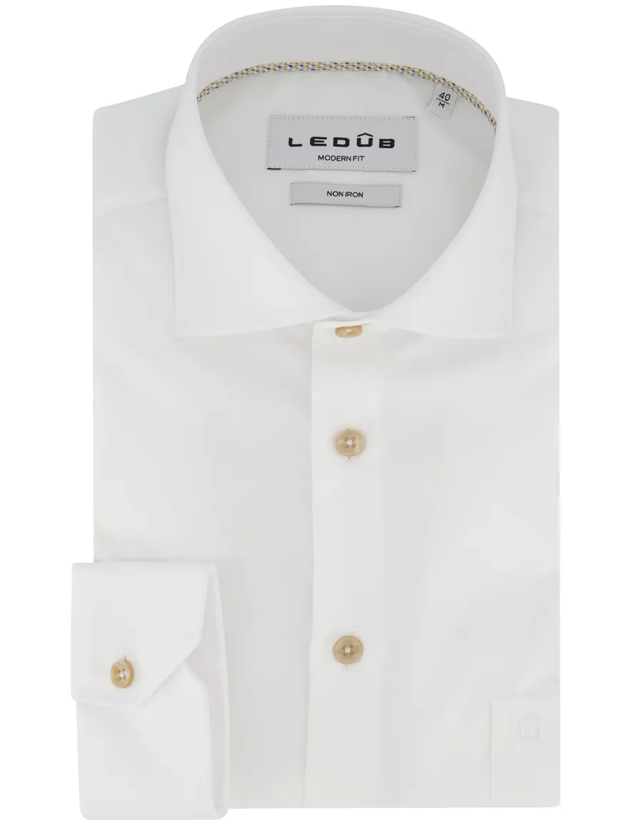 Ledub modern fit wit overhemd strijkvrij met borstzak