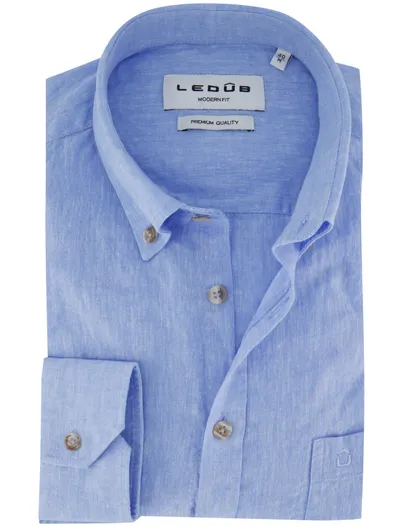 Ledub Ledub Modern Fit overhemd blauw gemêleerd button down met borstzak