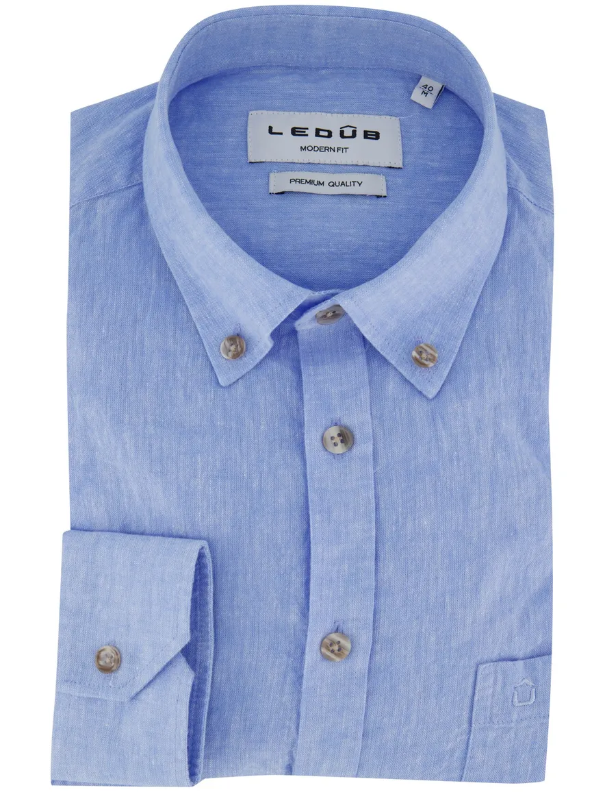 Ledub overhemd blauw gemêleerd lange mouw Modern Fit button down