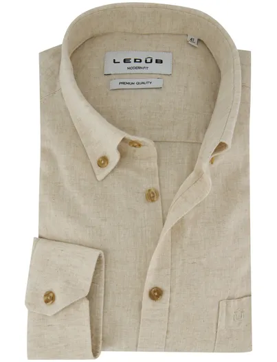 Ledub Ledub Modern Fit overhemd beige linnen button down met borstzak