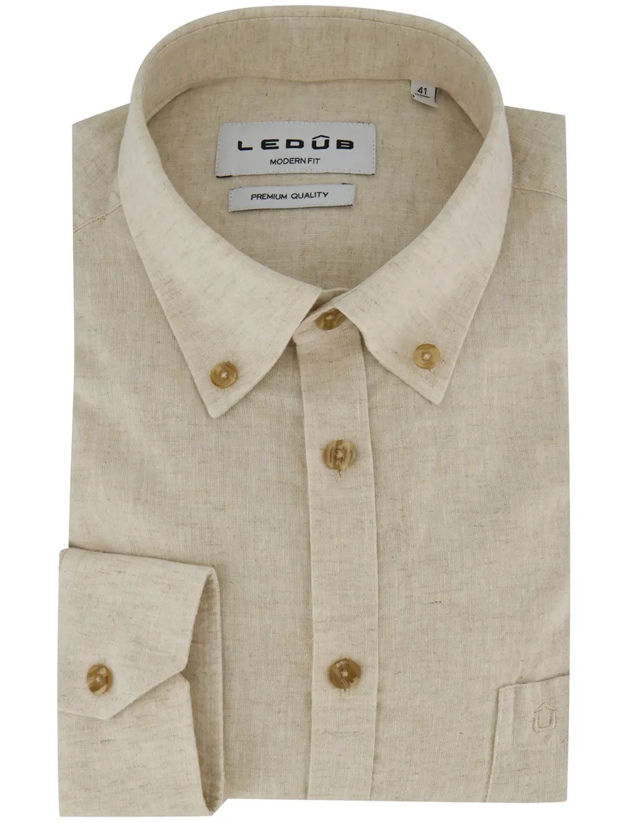 Ledub Modern fit overhemd beige linnen mouwlengte 7