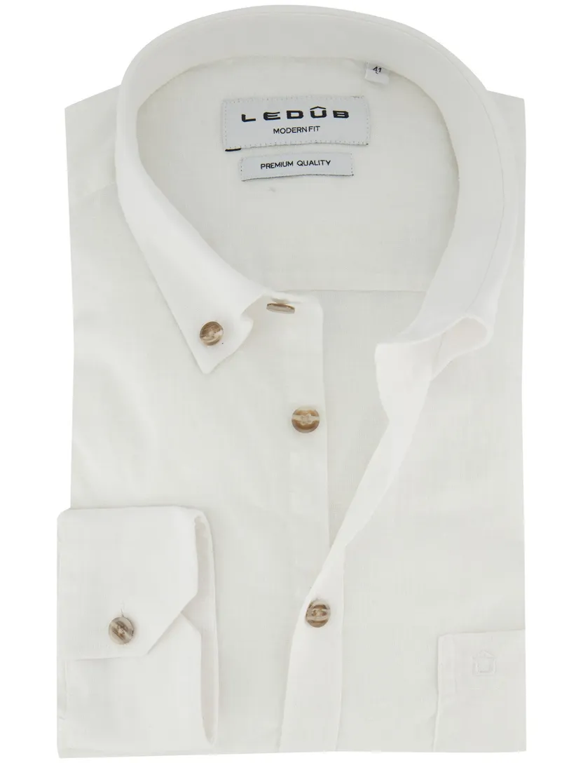 Wit Ledub Modern Fit overhemd linnen met borstzak casual