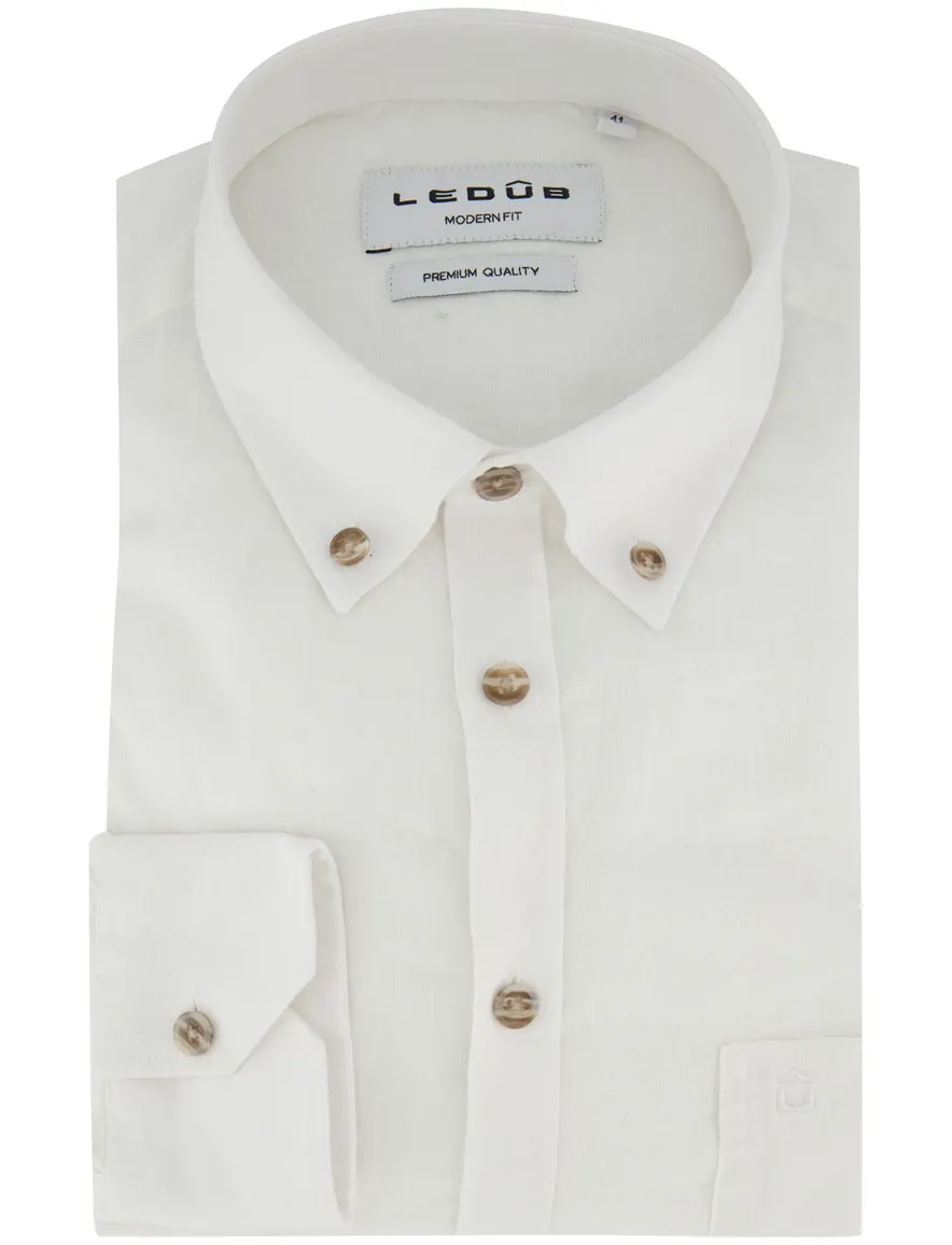 Ledub Modern Fit overhemd wit linnen mouwlengte 7
