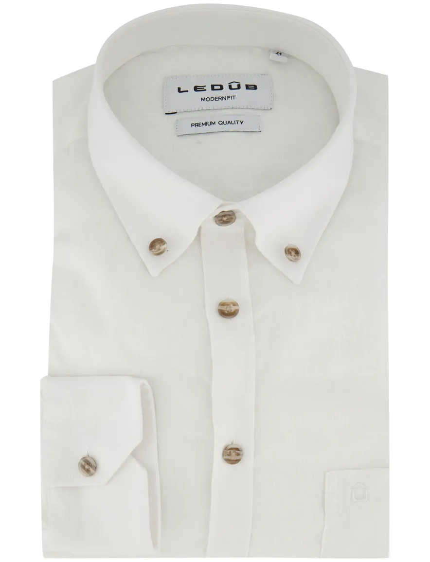Ledub overhemd Modern Fit wit linnen borstzak button-down