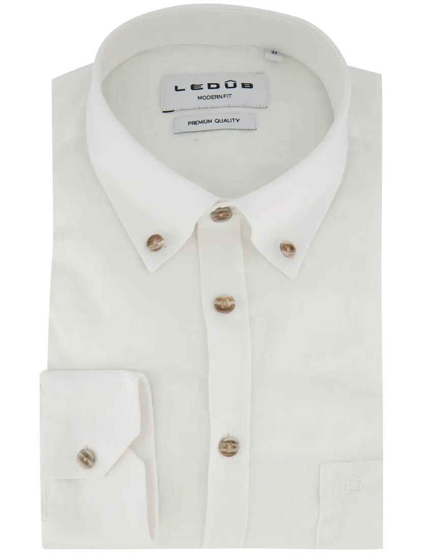 Wit Ledub Modern Fit overhemd linnen met borstzak casual