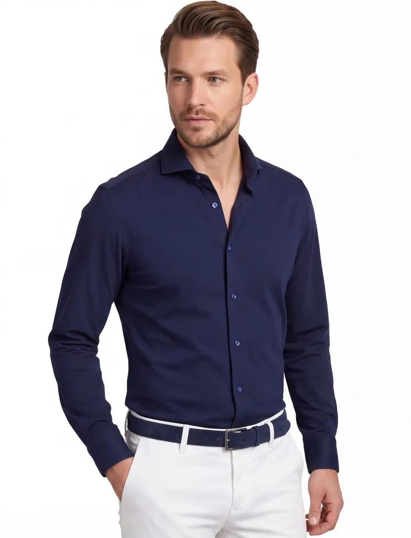 overhemd Ledub slim fit donkerblauw jersey mouwlengte 7 cutaway