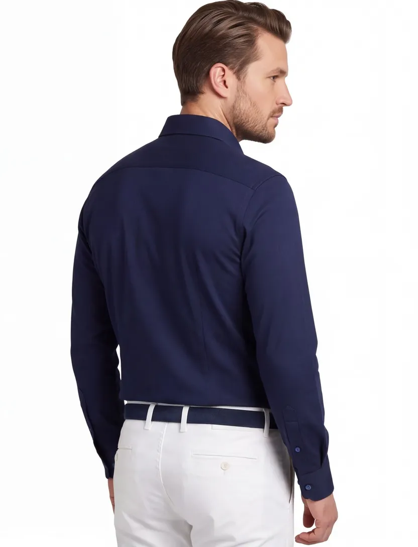 overhemd Ledub slim fit donkerblauw jersey mouwlengte 7 cutaway