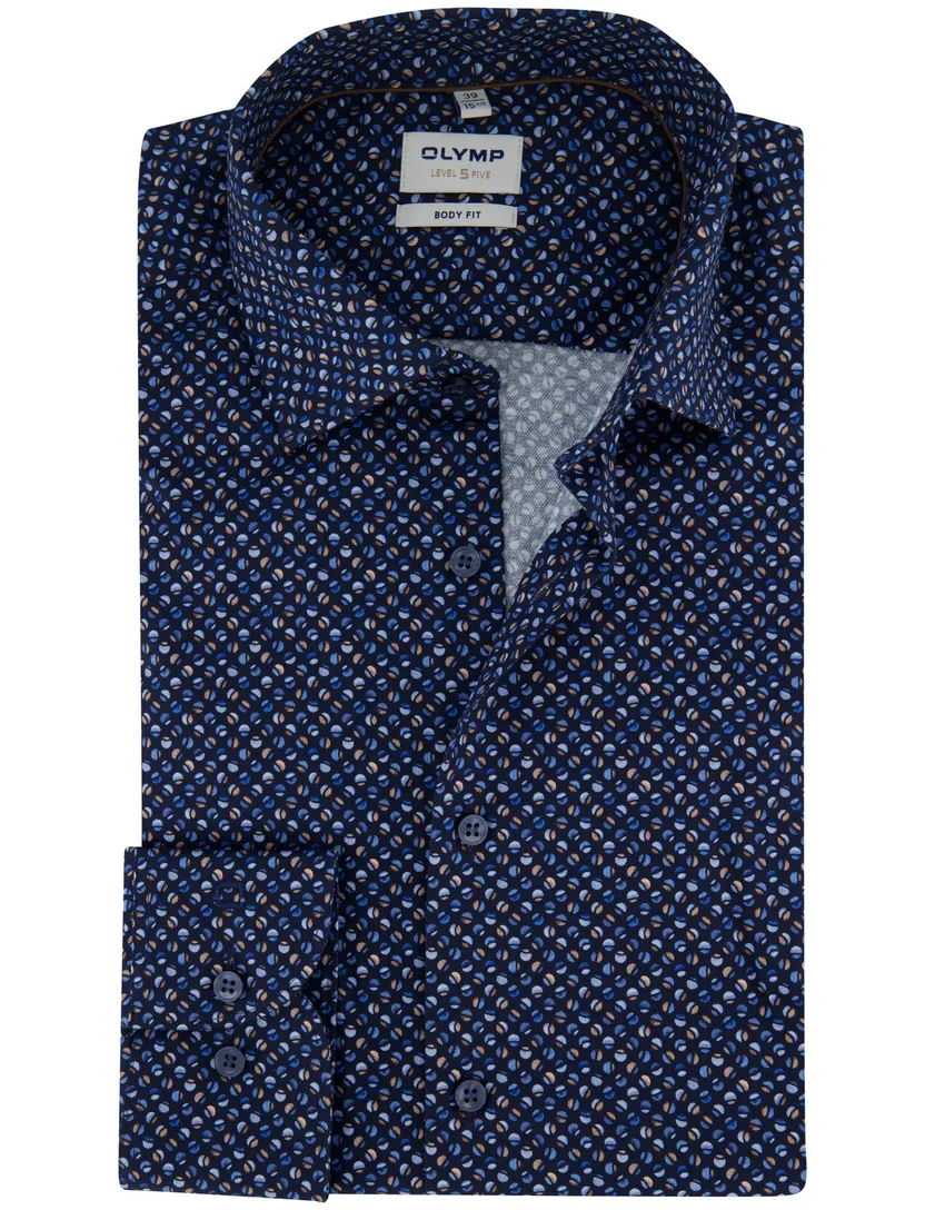 Body fit Olymp overhemd donkerblauw semi-wide collar geprint