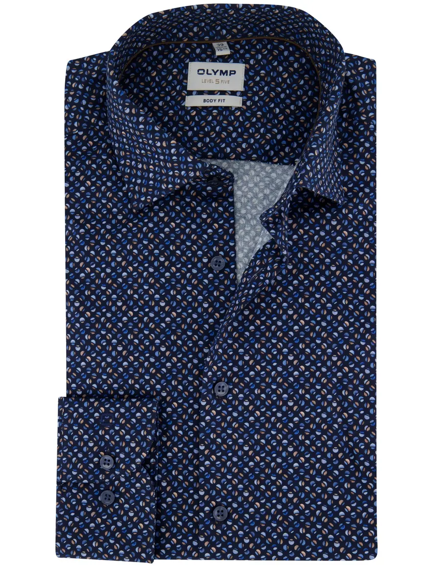 Overhemd donkerblauw Olymp body fit geprint mouwlengte 7