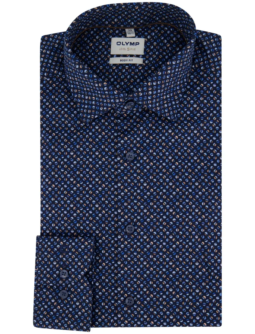 Body fit Olymp overhemd donkerblauw semi-wide collar geprint