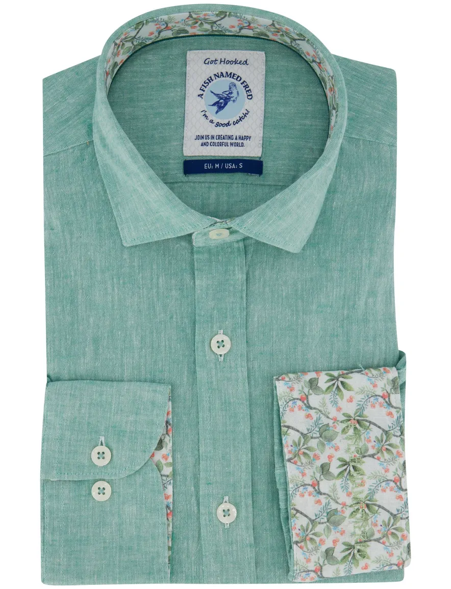 Turquoise linnen overhemd A fish named Fred mouw details