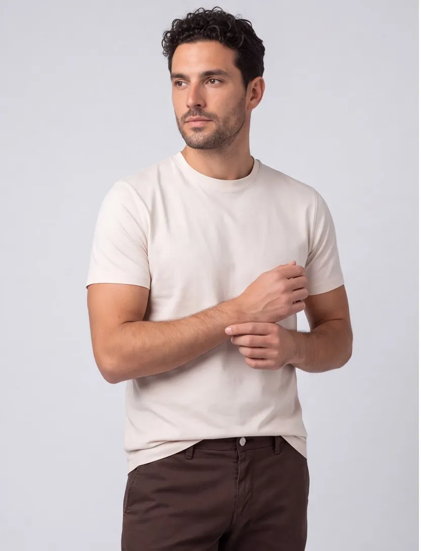 T-shirt Thomas Maine crème ronde hals normale fit