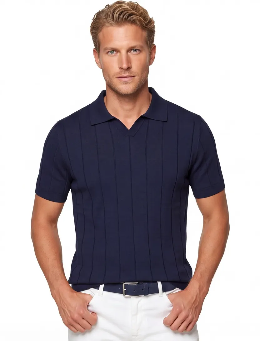 Thomas Maine poloshirt v-hals donkerblauw merinowol