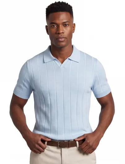 Thomas Maine Poloshirt Thomas Maine V-hals lichtblauw strepen structuur