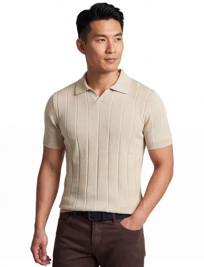 Thomas Maine Thomas Maine poloshirt v-hals beige merinowol