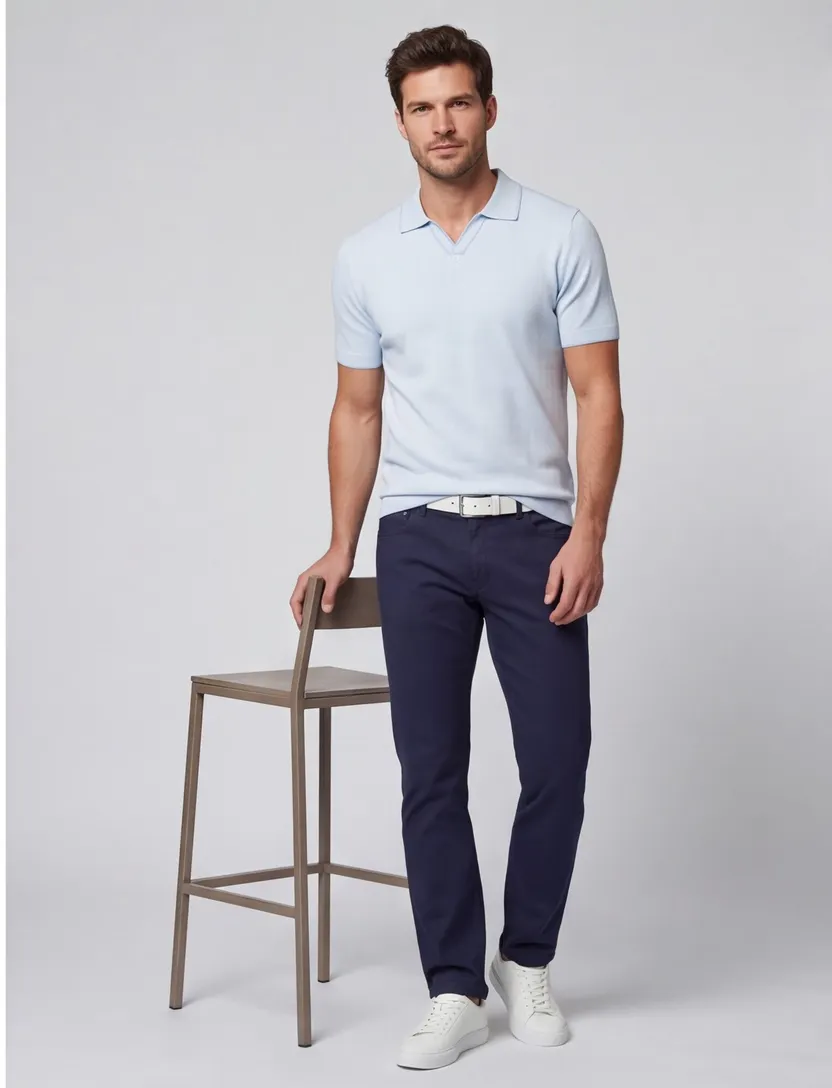 v-hals poloshirt Thomas Maine lichtblauw merinowol