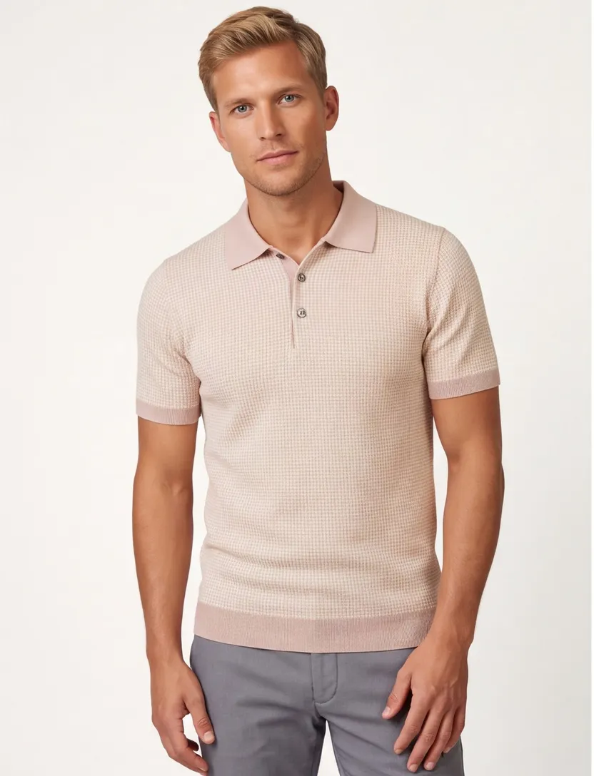 Poloshirt Thomas Maine roze met wit print merinowol