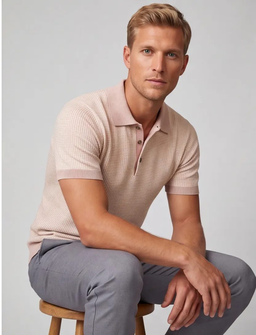 Poloshirt Thomas Maine roze met wit print merinowol