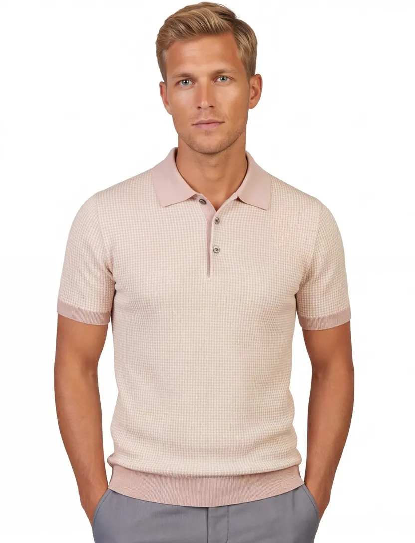 Poloshirt Thomas Maine roze met wit print merinowol
