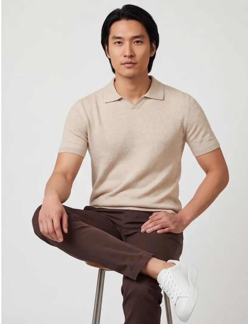 Korte mouw polo Thomas Maine beige regular fit