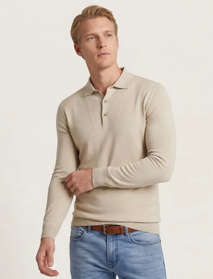 Thomas Maine polo 3 knopen lange mouw beige