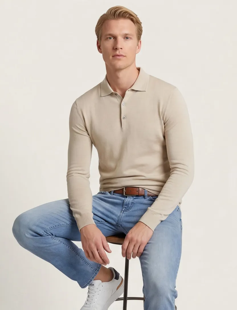 Lange mouw polo Thomas Maine beige met boord