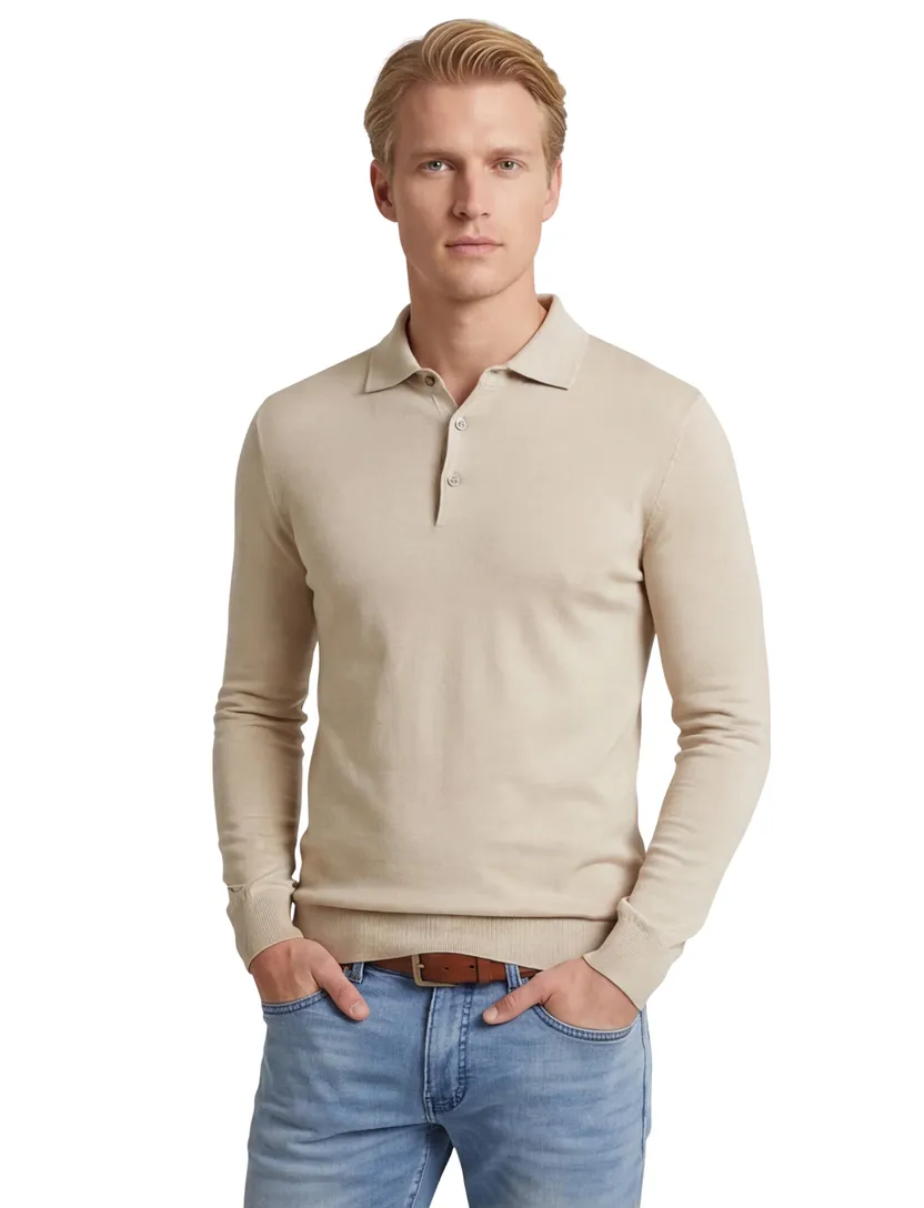 Lange mouw polo Thomas Maine beige met boord