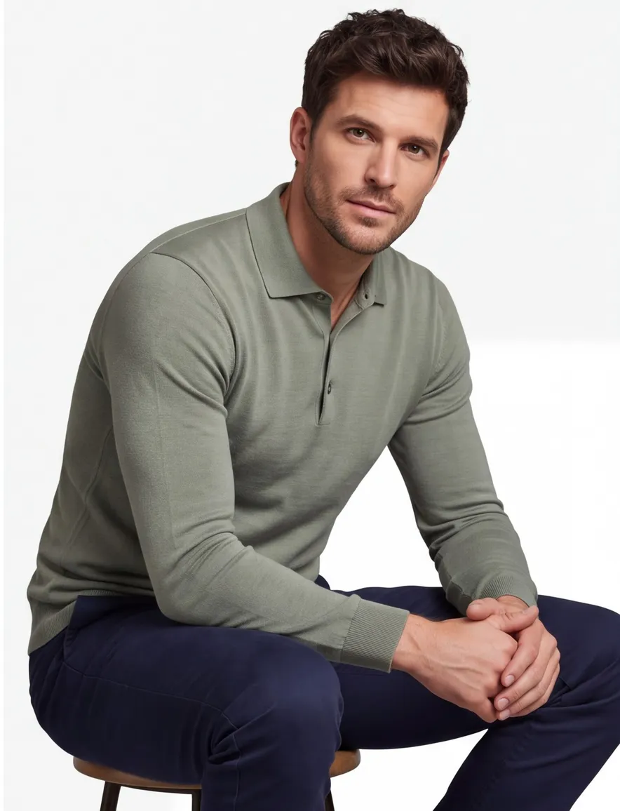 Lange mouw polo met boord groen Thomas Maine