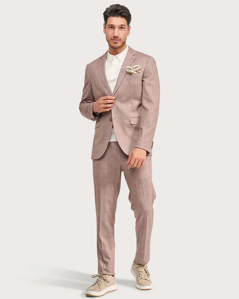 Pantalon Blue Industry roze geruit bandplooi