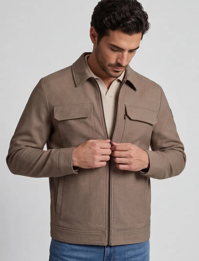 Overshirt Vanguard beige dubbele borstzak met polokraag