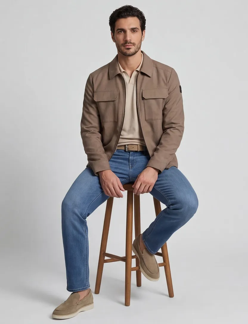 Overshirt Vanguard beige dubbele borstzak met polokraag