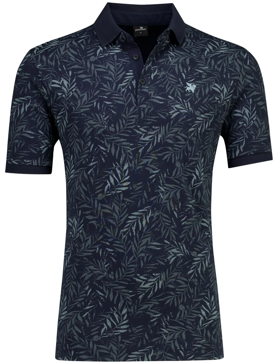 Vanguard poloshirt donkerblauw print bladeren 3 knoops
