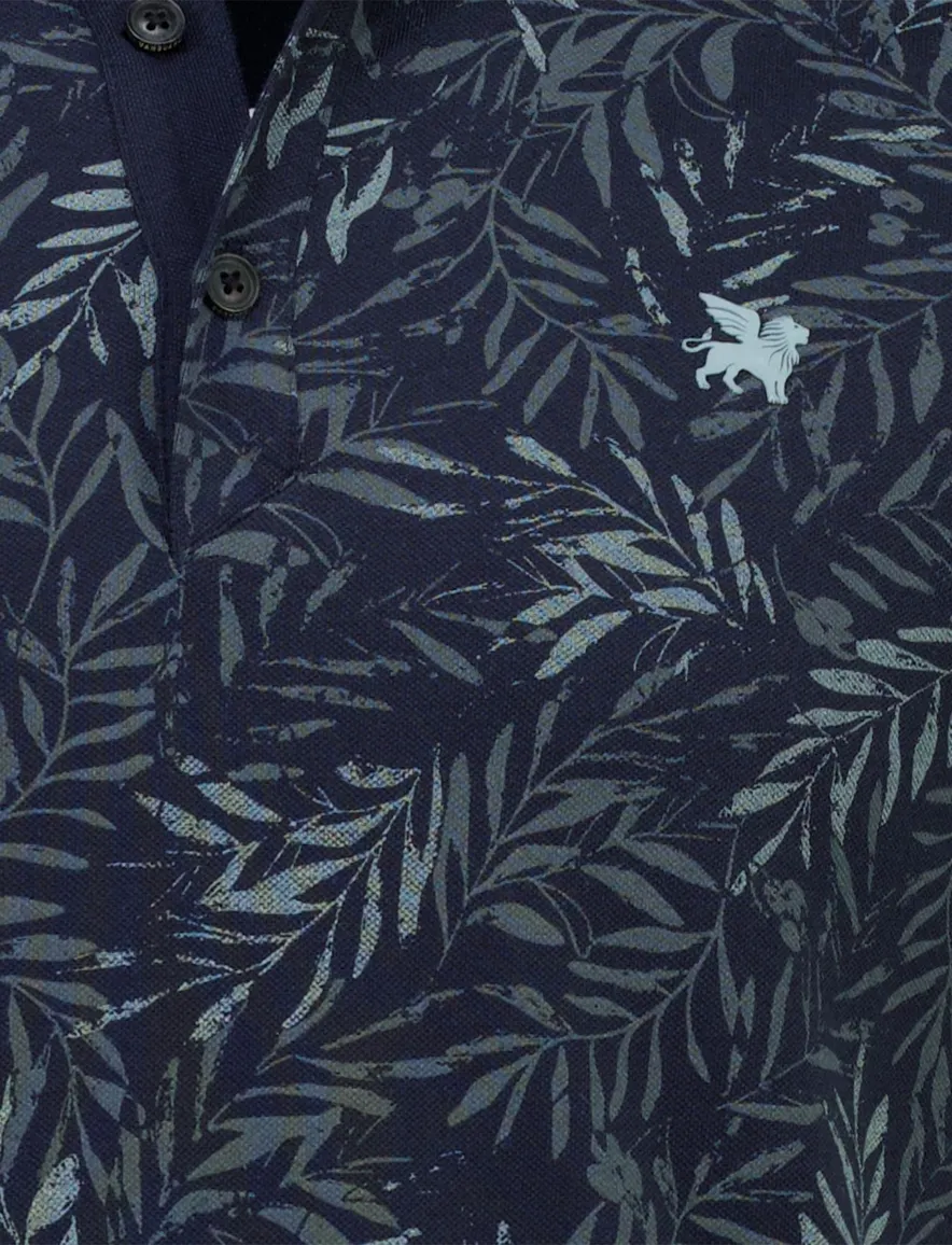 Vanguard poloshirt donkerblauw print bladeren 3 knoops