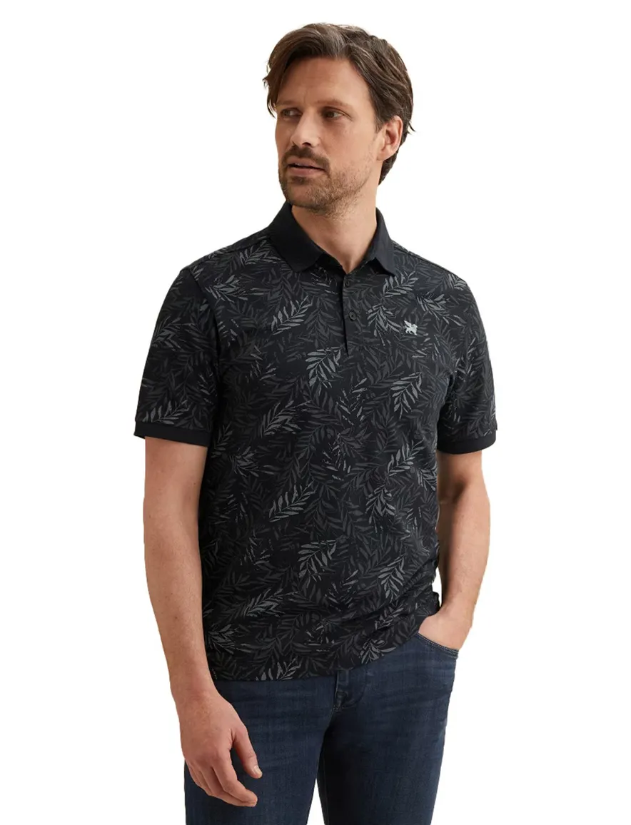 Vanguard poloshirt donkerblauw print bladeren 3 knoops