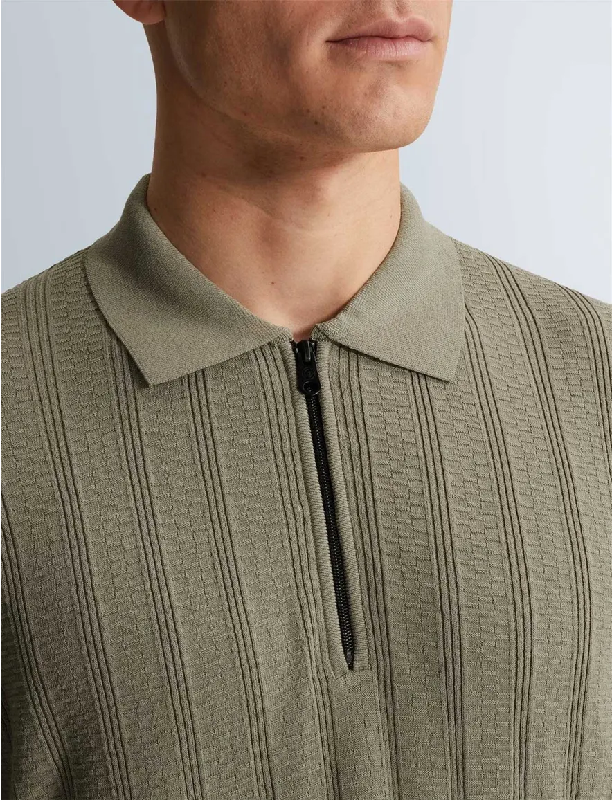 Khaki poloshirt Cast Iron met rits structuur