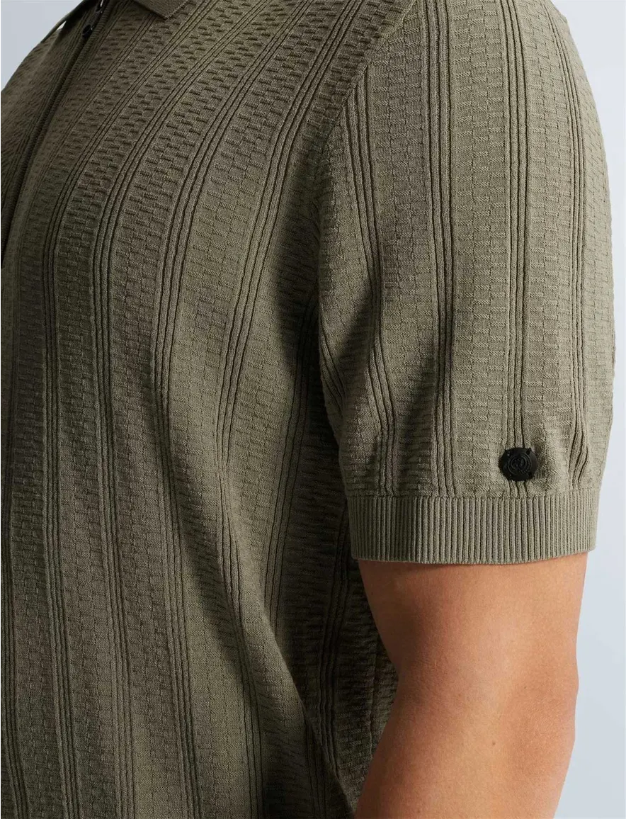 Khaki poloshirt Cast Iron met rits structuur