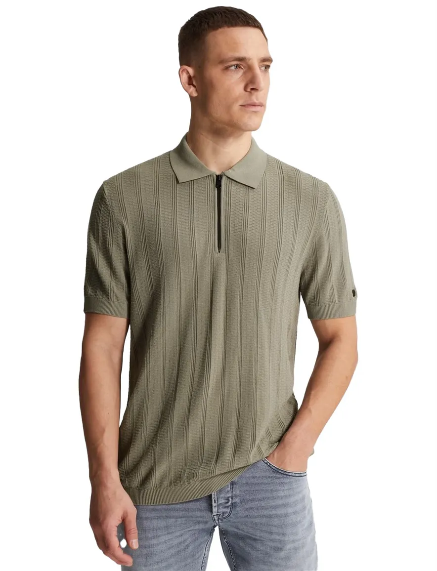 Khaki poloshirt Cast Iron met rits structuur