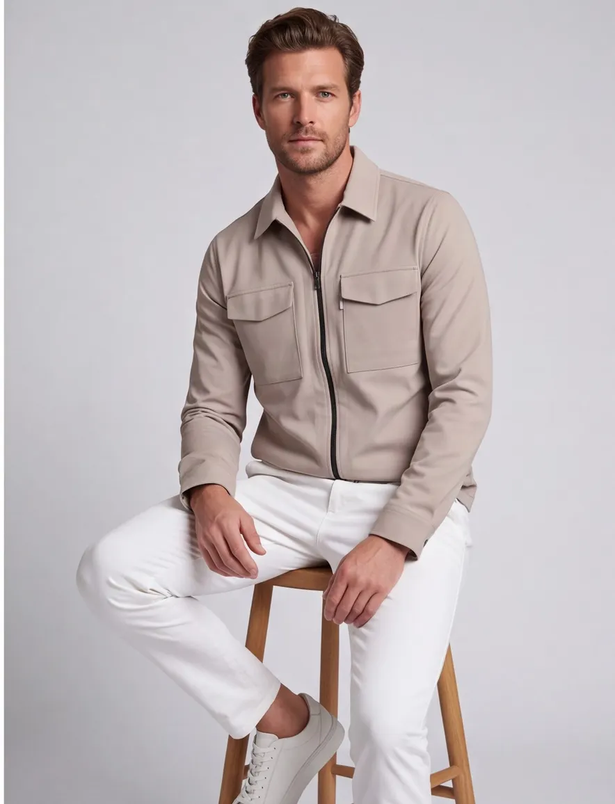 Beige overshirt Cast Iron rits borstzakken normale fit