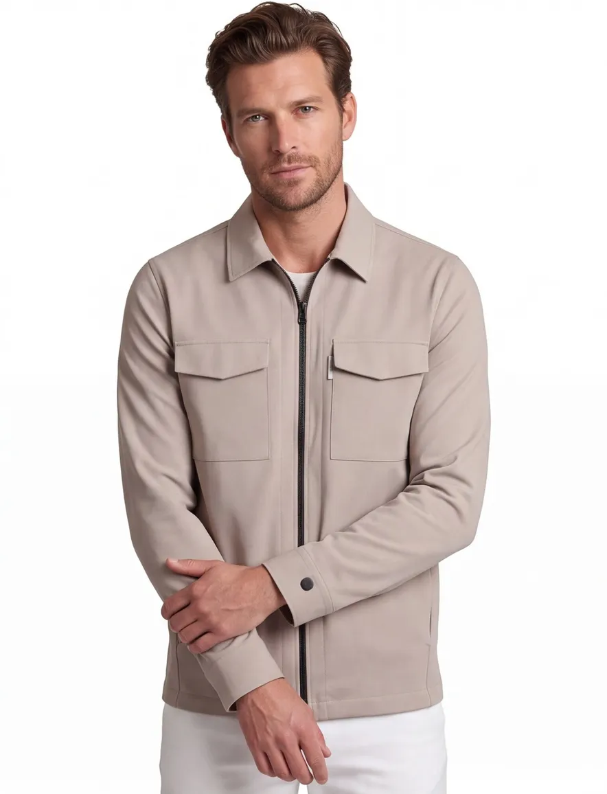 Beige overshirt Cast Iron rits borstzakken normale fit