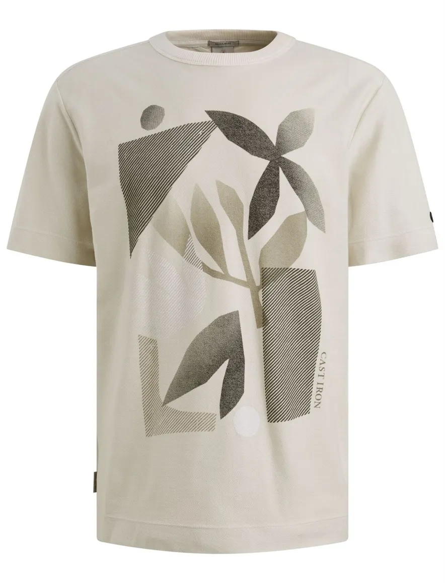 Beige t-shirt Cast Iron met oprduk normale fit