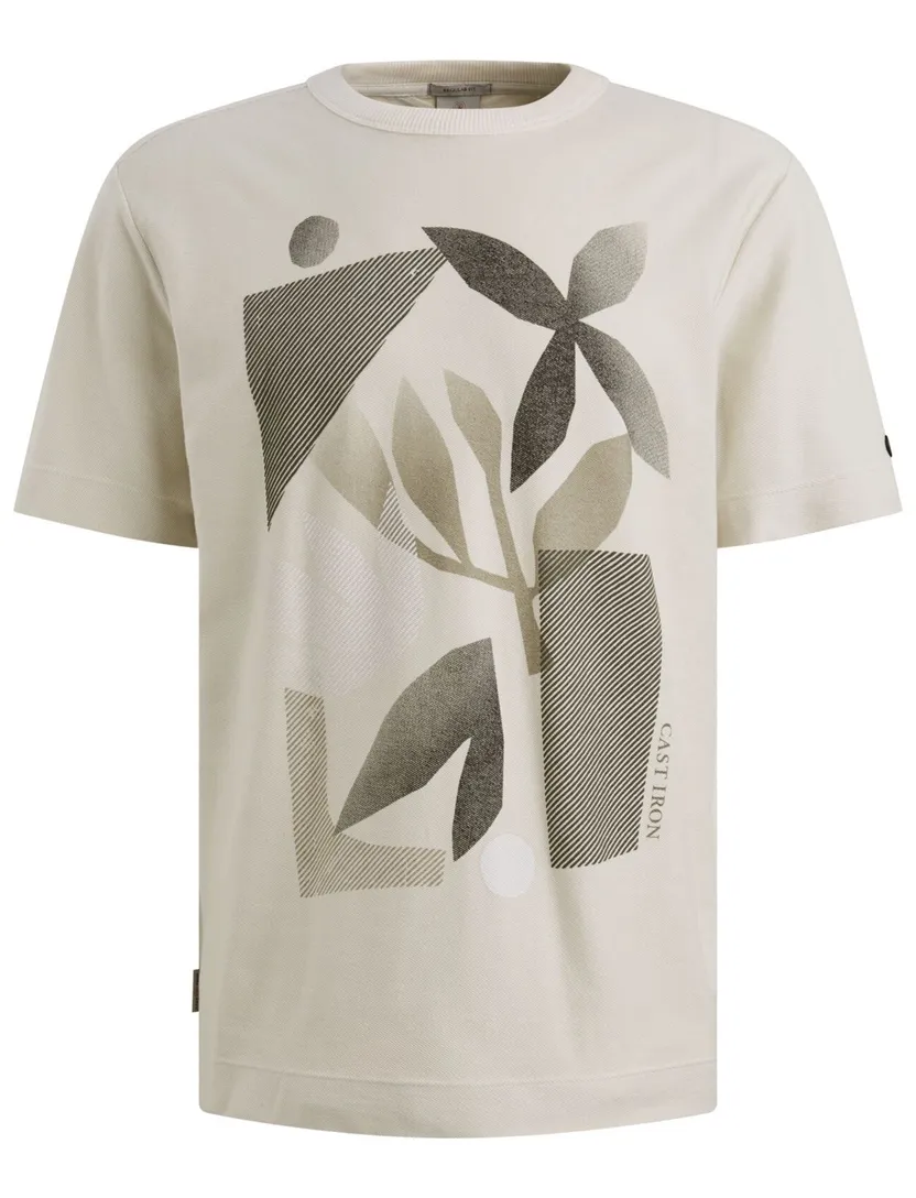 T-shirt Cast Iron beige met opdruk ronde hals