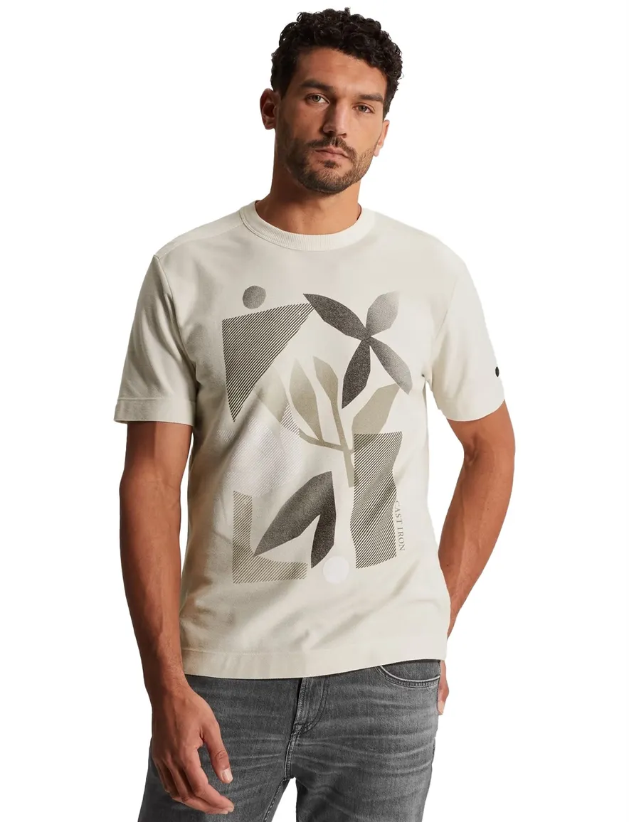 Beige t-shirt Cast Iron met oprduk normale fit