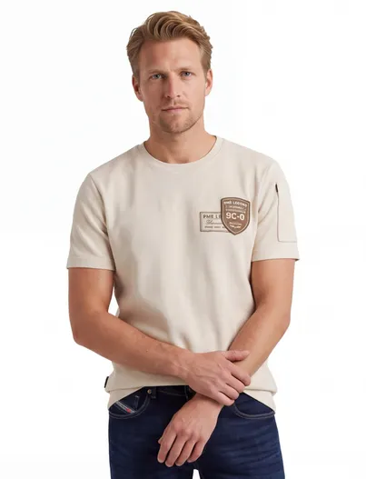 PME Legend Creme t-shirt PME Legend zakje op de mouw