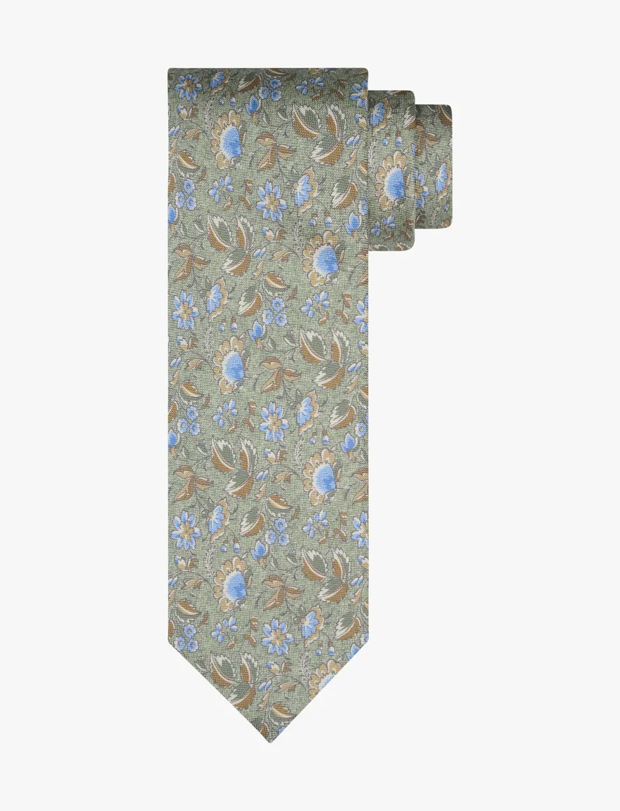 Groene zijden das Profuomo met lichtblauw floral patroon