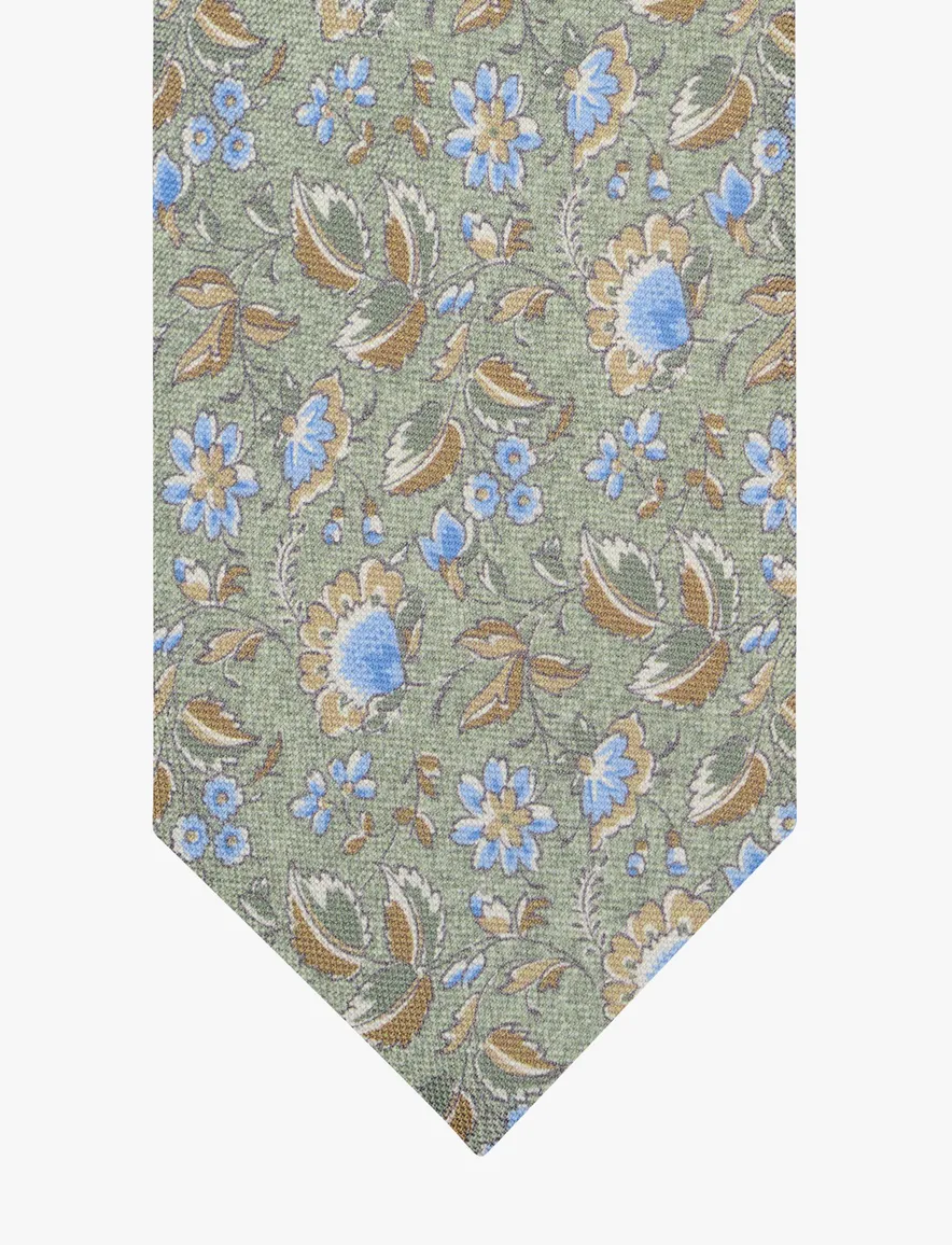 Groene zijden das Profuomo met lichtblauw floral patroon