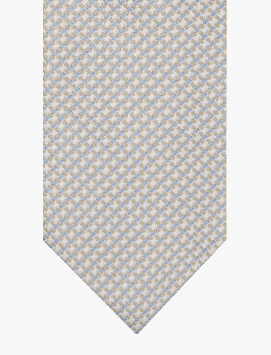 Beige zijden das Profuomo met fijn blauw patroon