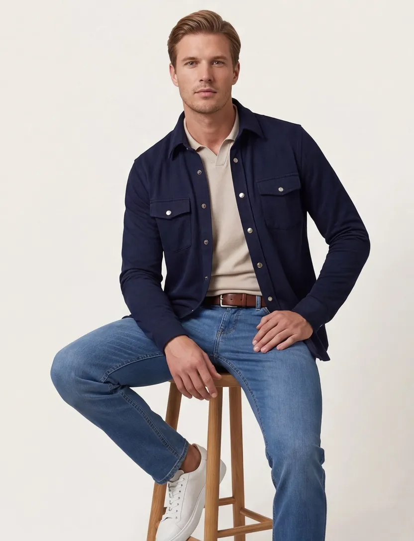 Overshirt Profuomo donkerblauw normale fit dubbele borstzak katoen
