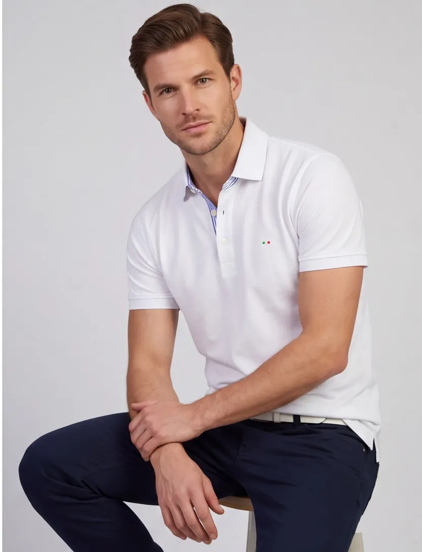 Poloshirt korte mouw Portofino wit pique 3 knoops
